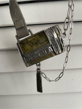 NES Asymmetrical Statement Necklace - Etched Metal & Leather - Grey/Moss